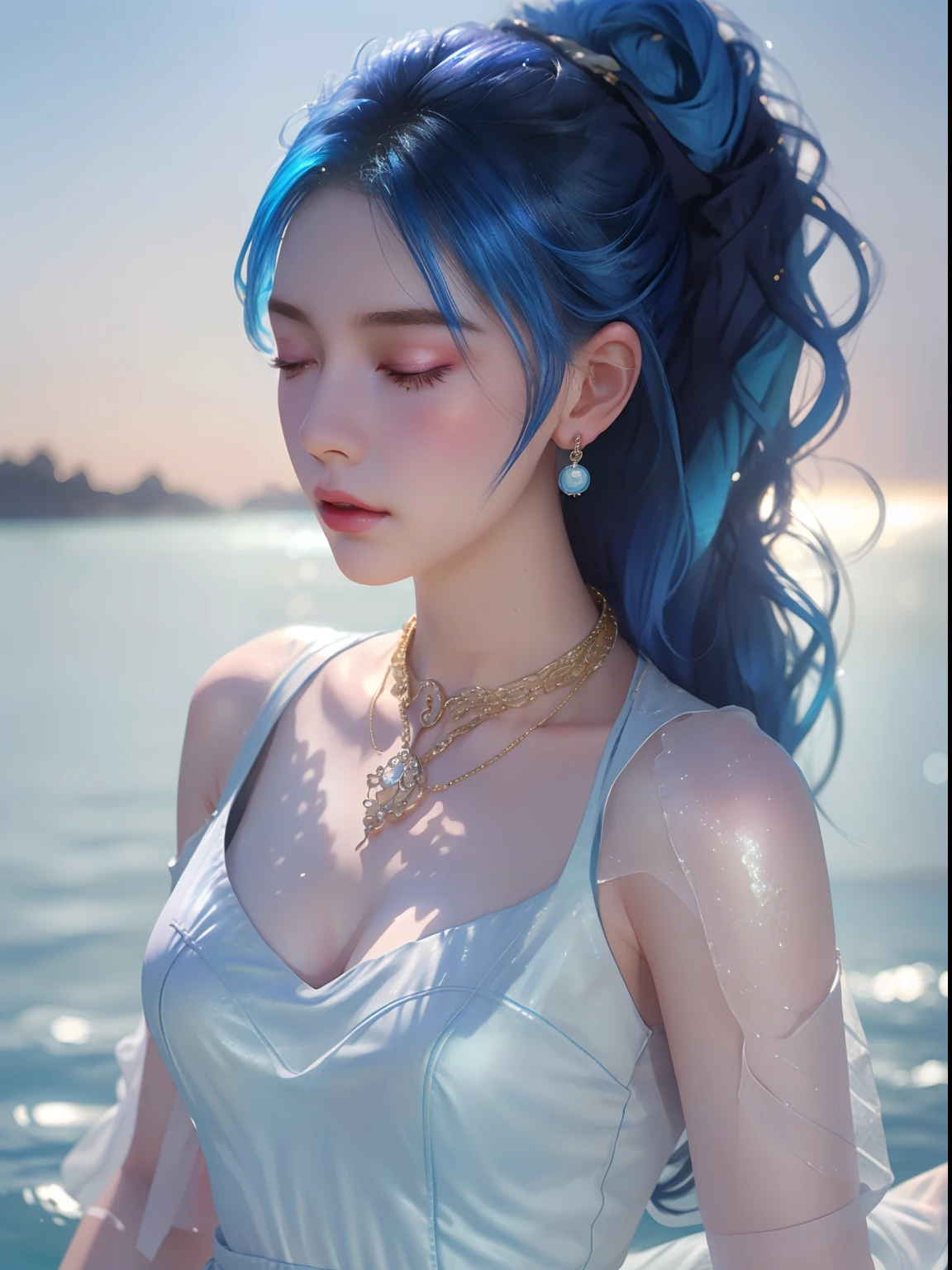 1girl in, Solo, Blue hair, (Swimming), (ocean), makeup, pink lipsticks, Parted lips, Closed eyes, Long hair, hair messy, Cute, Ultra-detailed, Illustration, Convoluted, Detailed, Extremely detailed, Detailed face, Soft lighting, Soft light, Soft Focus, Perfect face, Beautiful, accurate anatomy, Overexposure, 8K, 4K, (hight resolution:1.1), Best Quality, (masutepiece:1.3), (waist-up:1.1), flat chest, earrings, Gold Jewelry, Gold necklace, spark of light, Glow, (From below:0.5), Blue sky, ocean, llight rays, (White Dress:1.2), Wind