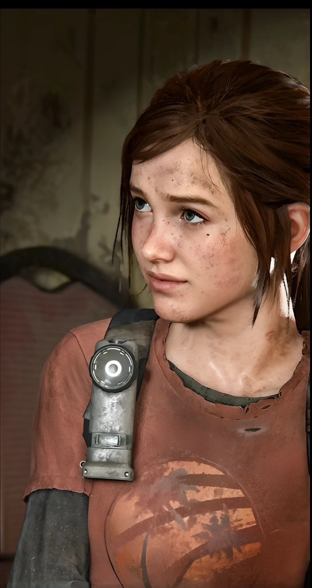a closeup of a person holding a cell phone near a couch, Ellie (last of us), Ellie, The Last of