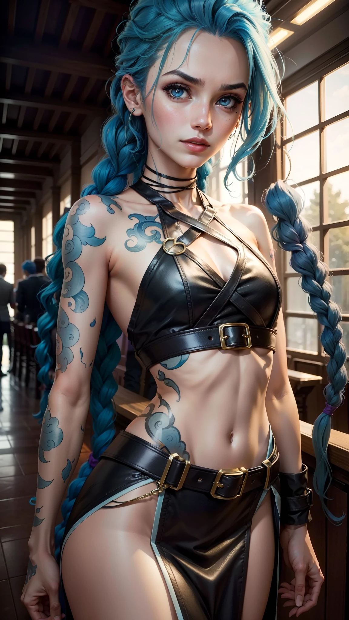 Half realistic， 2.5D， A detailed， Flat color only， illustratio， line art， aquarelle：0.8， best qualtiy， detailedbackground， Close-up of 18yo 1girl's head and shoulders，Jinx role-playing，exteriors， light blue  hair，Double up braid，Tattooed with，Event Pass， In the conference center for cosplay events， Sideslit，dramatic  lighting，dark deep shadows，