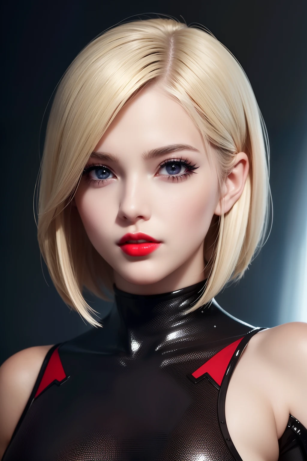 Porträt ((Vorderseite)) von Anime Schönheit blonde Mädchen (kurze realistische Bob-Haare), Perfektes Gesicht, realistische Haut ((((hochdetaillierte Haut)))), rote Lippen, in realistischem Schwarz & weißer Kampfbody Plugsuit, ((Schönheit realistische Anime-Augen )), 4K, Voll-UHD