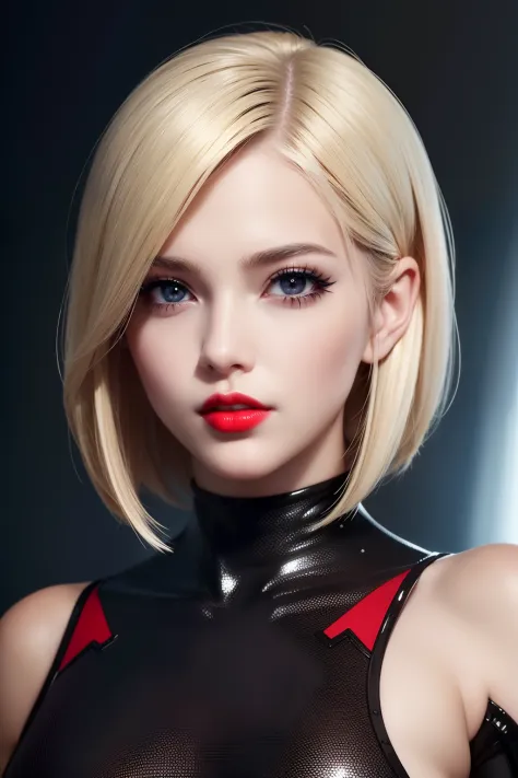 Portrait ((front face)) of anime beauty blonde girl (short Bob realistic hair), perfect face, realistic skin ((((high detailed s...