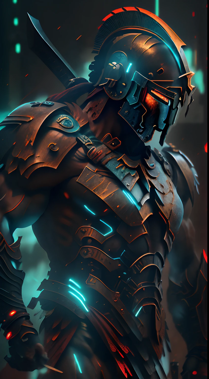 (Ultra resolution 8K), impresionante obra maestra,Cyberpunk Spartan warrior as titan of the digital age. Dressed in biomechanical armor of dark and metallic tones. His cybernetic helmet frames a resolute face, in which cybernetic eyes glow with flashes of blue light. Luminescent circuit lines snake through your skin, And digital tattoos change pattern as they connect to the global network. Its robotic limbs glide with deadly precision, while its modified human body exhibits sculpted and streamlined musculature.The warrior wields a sword with a nanotechnology blade, whose advantage adapts to each enemy and situation, Cyberpunk Spartan warrior embodies a unique fusion between ancestral strength and technological innovation. Su presencia inspira respeto y asombro, Reminding everyone that even in the age of machines, The indomitable essence of the warrior continues to burn in his heart of metal and flesh.(Quality lighting),  Spectral illumination, agregar efecto al final