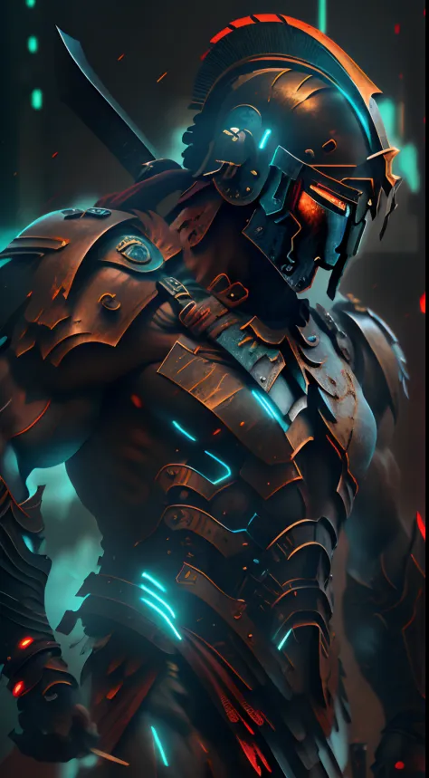 (Ultra resolution 8K), impresionante obra maestra,Cyberpunk Spartan warrior as titan of the digital age. Dressed in biomechanica...