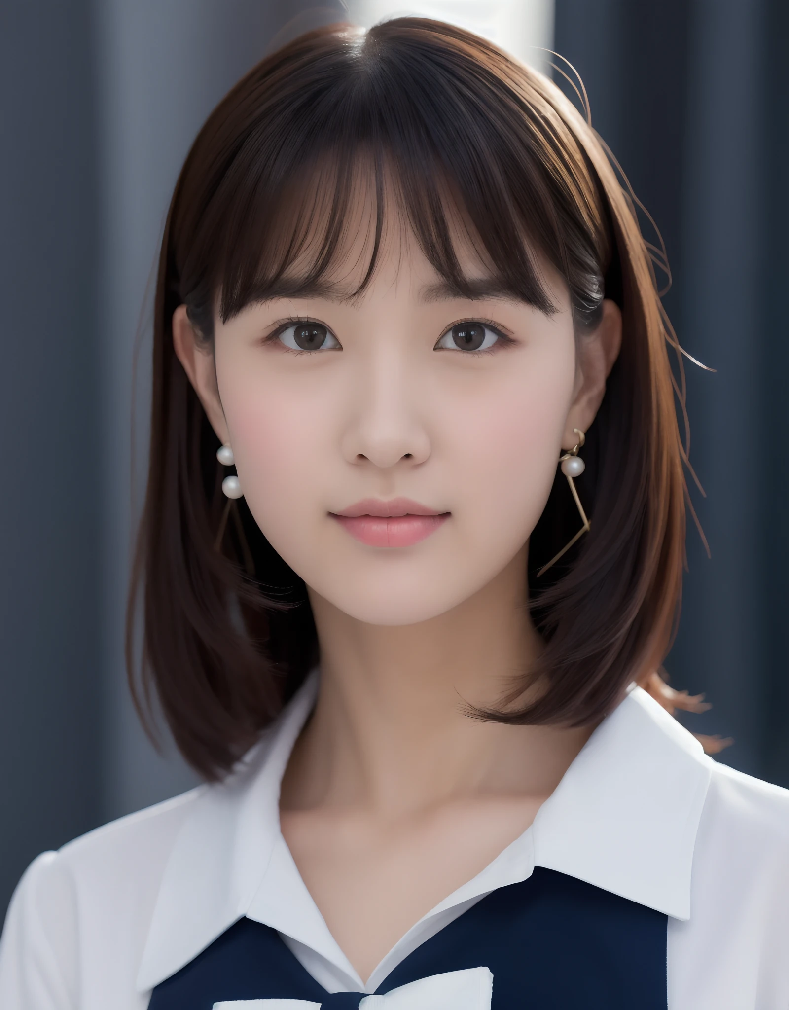 Portrait of cute Korean schoolgirl with bangs, Wearing a sailor suit and pearl stud earrings, huge size, (8K, Best Quality : 1.2), (masutepiece, Photorealistic : 1.3), Super Detail, Anatomically correct