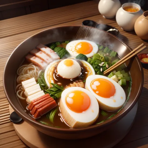 ultra detailed 8k cg, Japanese ramen, chopsticks, egg, steam