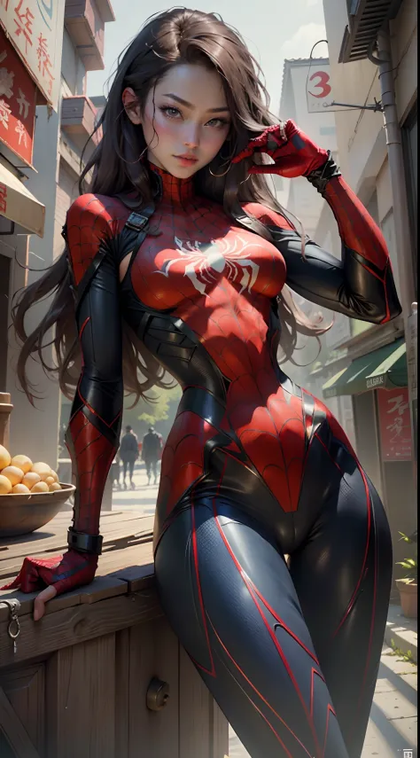 best qualtiy， tmasterpiece， 超高分辨率，Beautiful woman detailed defined body using spider man cosplay，little breast