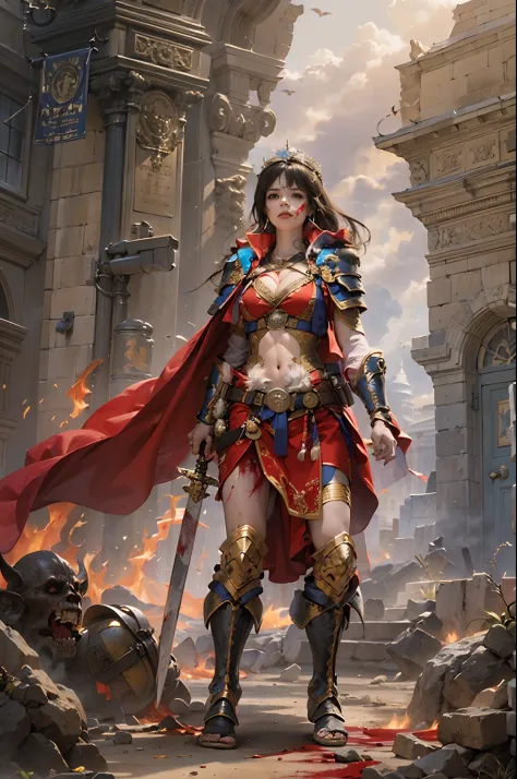 (Masterpiece, Top quality, Top quality, offcial art, Beautiful and aesthetic: 1.2), ultra-detailed complex 3D rendering of face, (Big: 7.8), Blue crop top: 1.8, Perfect figure: 1.4, Slim abs: 1.1, (1 girl),  (Warrior Queen Red Armor, fur lined cape, Bejewe...