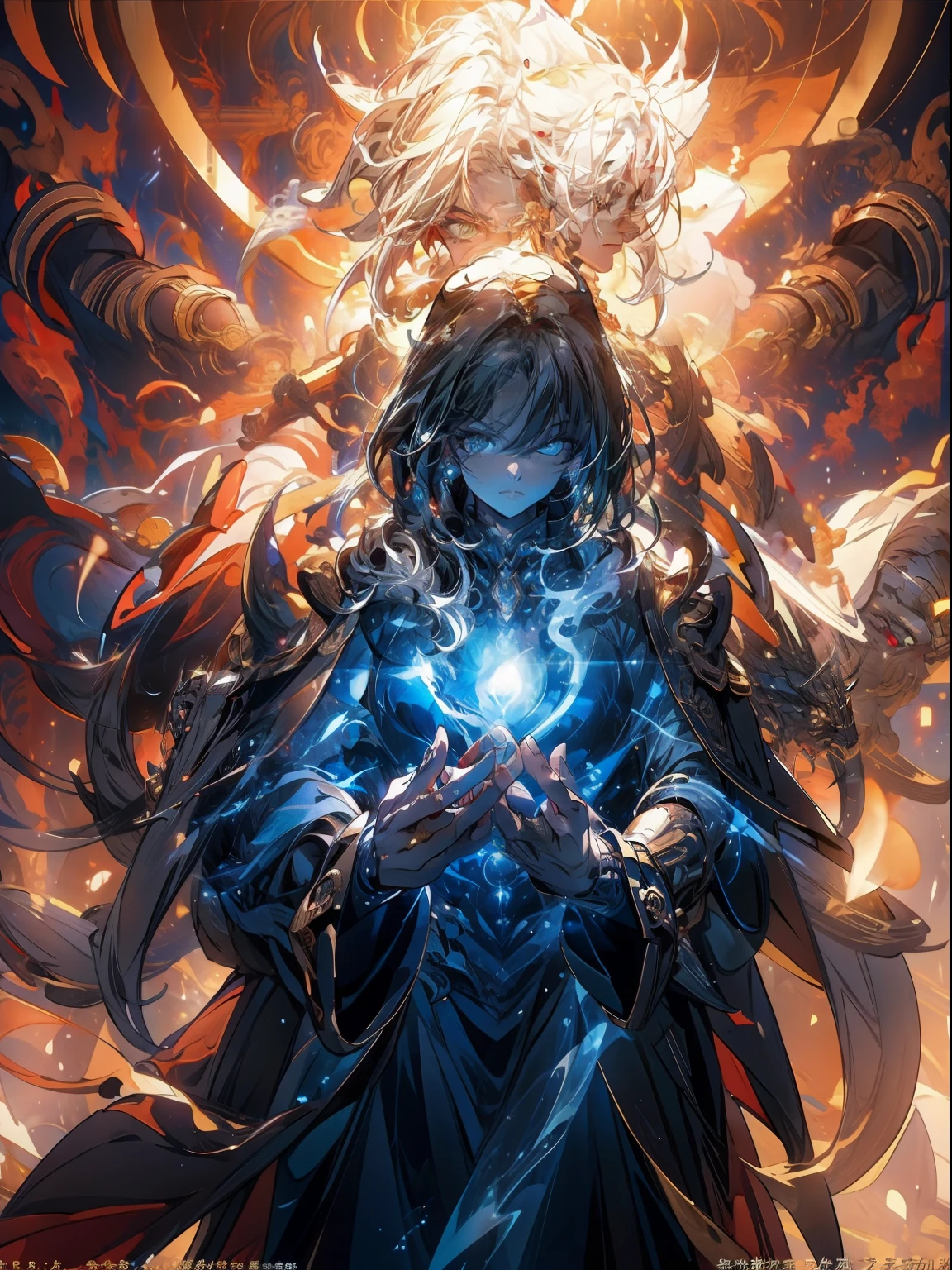 make：1.2），best qualtiy，terroral，The demons，Black mist，big dragon，It emits a cold light, Surrounded by flames and lightning particles. The woman wears black and blue intersecting armor,The majestic gesture and surroundings are butterflies. Lightning surged around them, creating an opulent atmosphere. The image is in high definition，Capture the highlights of this epic battle.