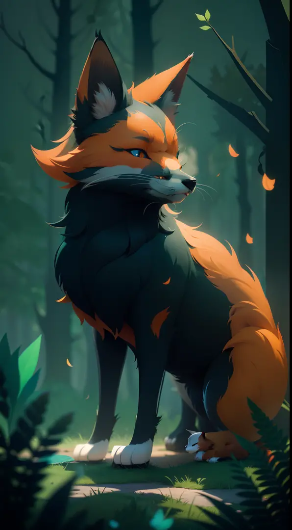 Create a vibrant dark fantasy cute fox cat in a clean-lined minimalistic cartoon style,in the background a beautiful forest, octane render, 8k