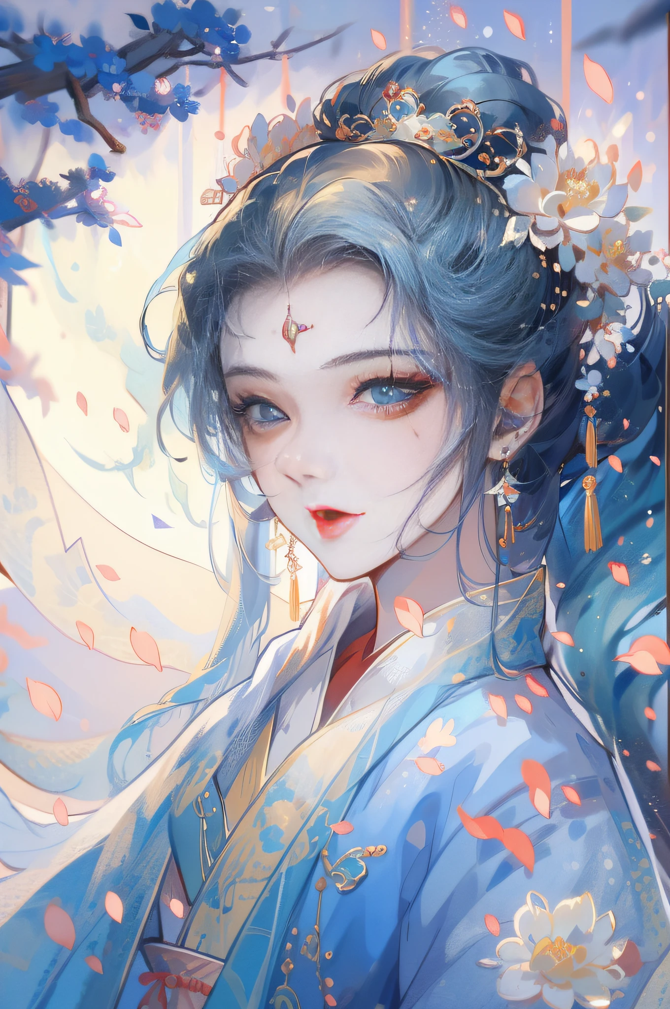 Mature girl ，Blue long hair，Floating hair，Delicate and agile eyes，Blue pupils，Solid color Hanfu，fov，tmasterpiece，Complexscenes，Petals flying，Frontal portrait shot，Moon，grieves，ultraclear，high qulity，Chinese hair，Ancient hair，full bodyesbian，Han style long skirt，Shawl