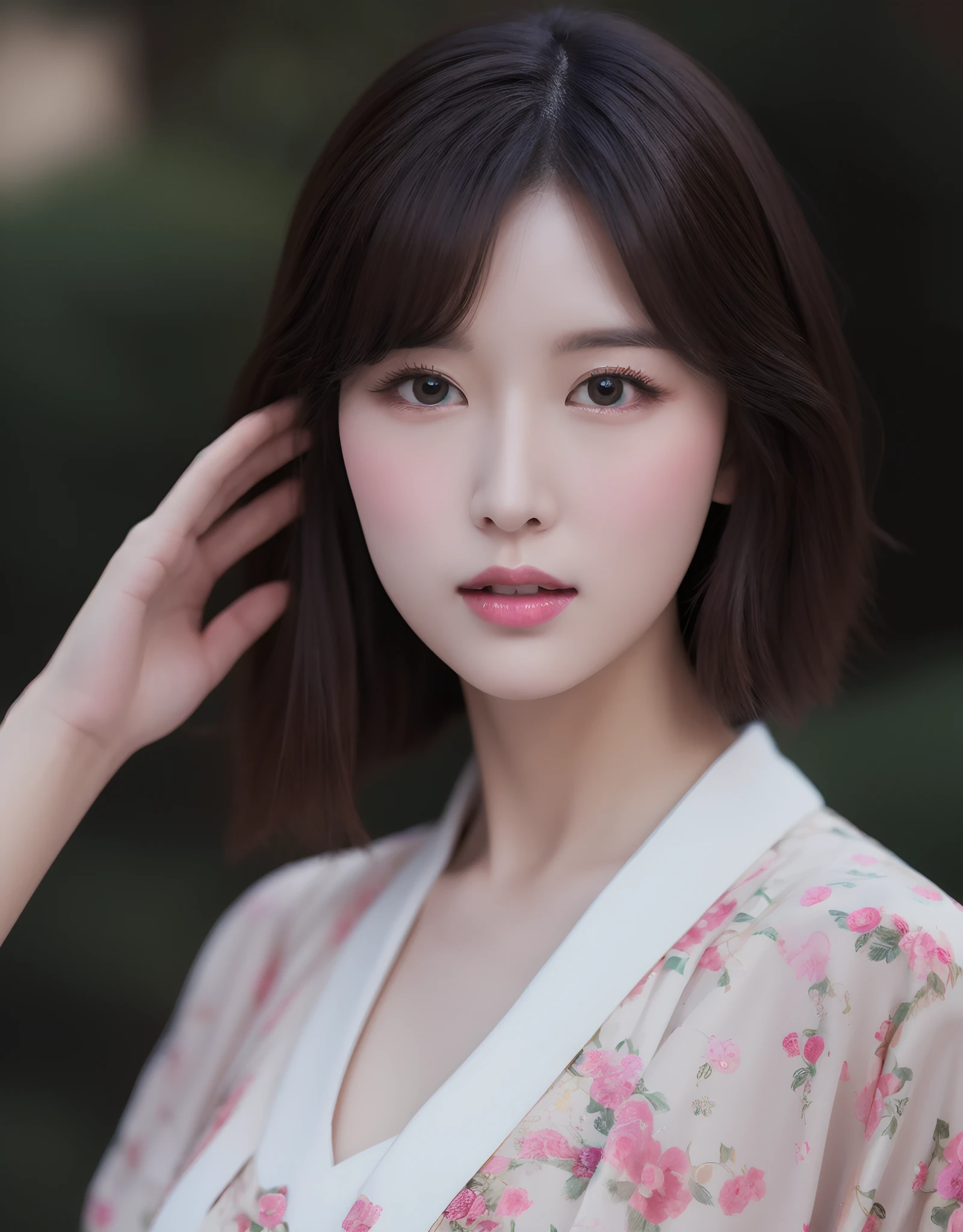 Bust up of beautiful Korean woman in hanbok, pale skin, lush lips, floral ornament in hair. (8K, Best Quality : 1.2), (Masterpiece, Photorealistic : 1.3), Super Detail, anatomically correct