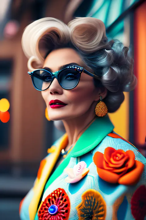 Blonde woman with a colorful jacket and sunglasses on a city street, Ensaio de Moda 8K, foto de retrato, moda maximalista, Retra...