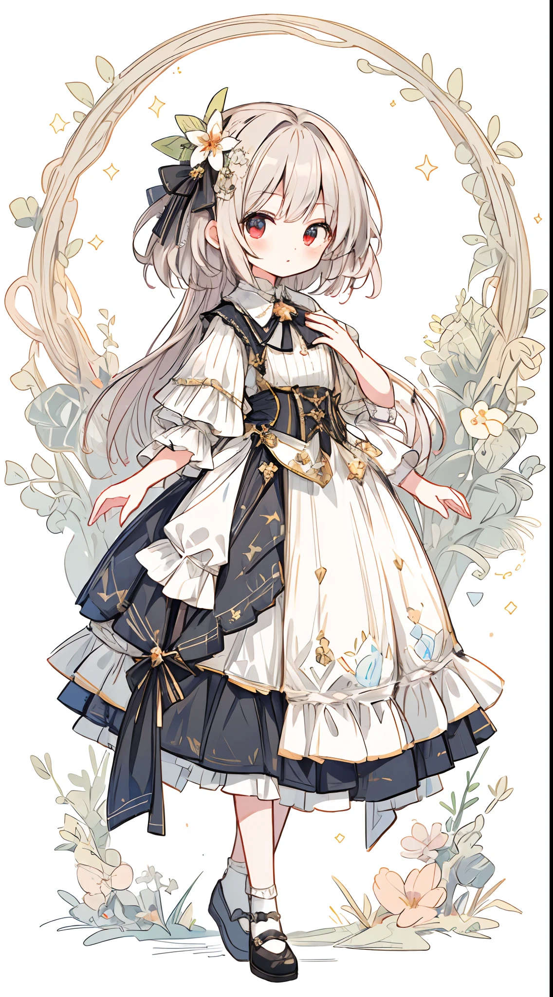 (masterpiece, best quality:1.2), illustration, absurdres, highres, extremely detailed, 1  girl, white short hair, red eyes, eye highlights, dress, short puffy sleeves, frills, outdoors, flower, fluttering petals, upper body, (moon:1.2), night, depth of field, (:d:0.8),（black pantyhose）
