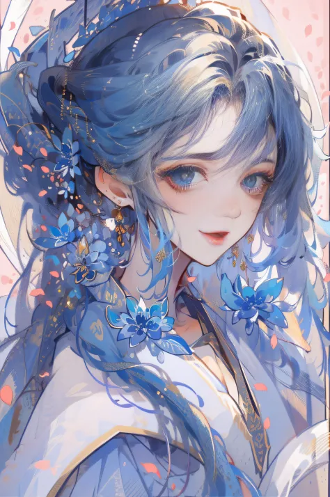 Mature girl ，Blue long hair，Floating hair，Delicate and agile eyes，Blue pupils，Solid color Hanfu，fov，tmasterpiece，Petals flying，F...