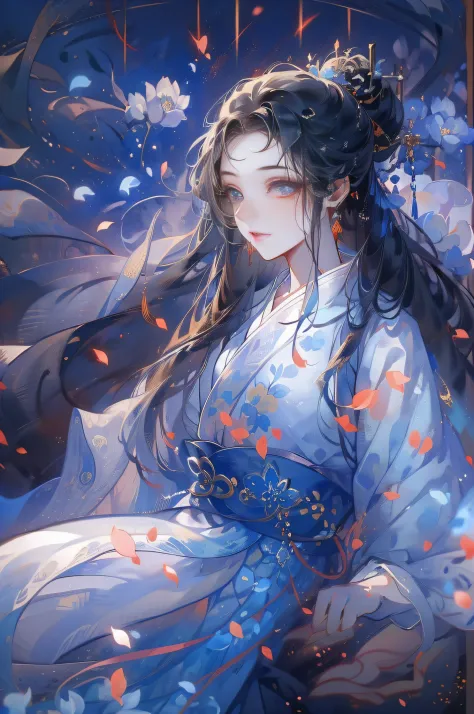 Mature girl ，Blue long hair，Floating hair，Delicate and agile eyes，Blue pupils，Solid color Hanfu，fov，tmasterpiece，Petals flying，F...