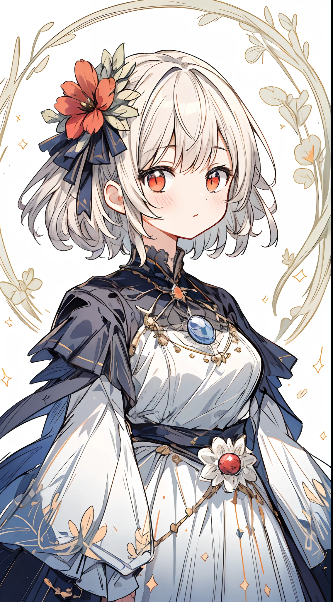 (masterpiece, best quality:1.2), illustration, absurdres, highres, extremely detailed, 1  girl, white short hair, red eyes, eye highlights, dress, short puffy sleeves, frills, outdoors, flower, fluttering petals, upper body, (moon:1.2), night, depth of field, (:d:0.8),（black pantyhose）