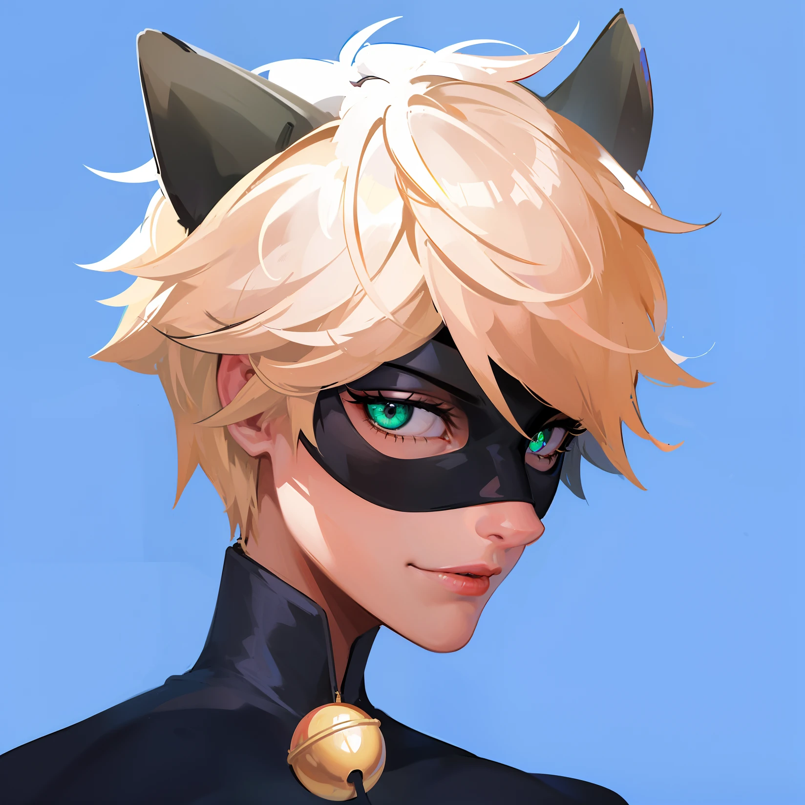 (best quality), ((masterpiece)), (highres), A very perfect and handsome boy with green pupils, exquisite eyes, exquisite black eye masks, white cat ear fur inside black cat ears, and a black leather tight suit, There is a round golden bell on the neck,8k, HD