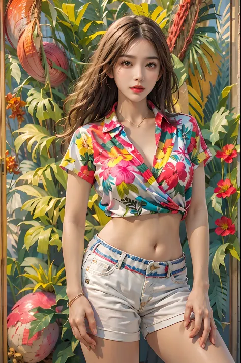 photorealistic, high resolution, 1women, solo, hips up, look at viewer, (detailed face), colorful summer wear, aloha shirt, beac...