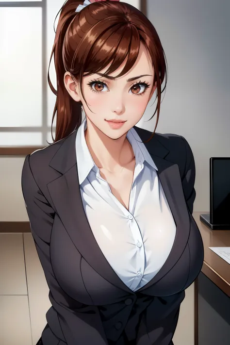 masterpiece, best quality, highest quality, perfect anatomy, highres, ultra-detailed, 8k wallpaper, texture, detail, unique, HDR, extremely detailed CG, Azuma Hisato, 1 girl, Solo, full body, standing, ponytail, brown_hair, Bangs, brown_eyes, 20yo, mature ...