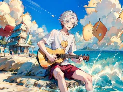 Libido boy，Sitting on the sunny beach，Side Body，Leaning forward slightly，Play ukulele，Sunshine Boy，eighteen years old，The smile is bright，Be red in the face，One guy，dressed in a white t-shirt