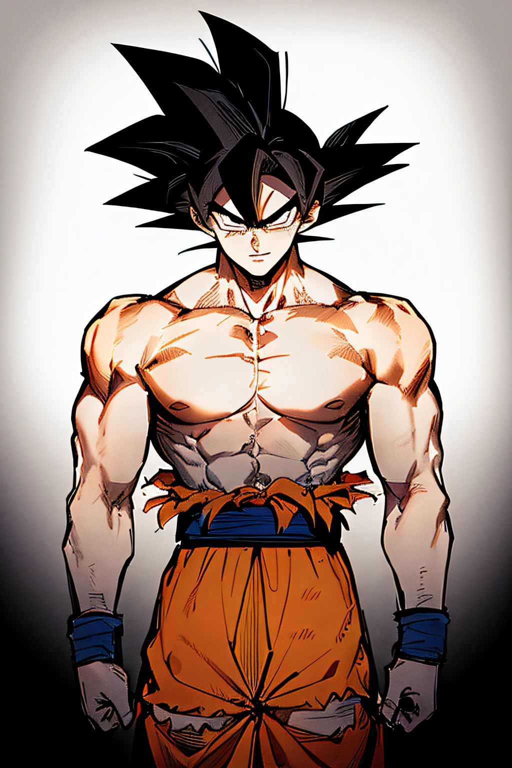 son goku, 1boy, closed mouth, male focus, muscular, muscular male, rock, sash, serious, solo, spiked hair, topless male, torn clothes, ultra instinct, black eyes, black hair, ((masterpiece))