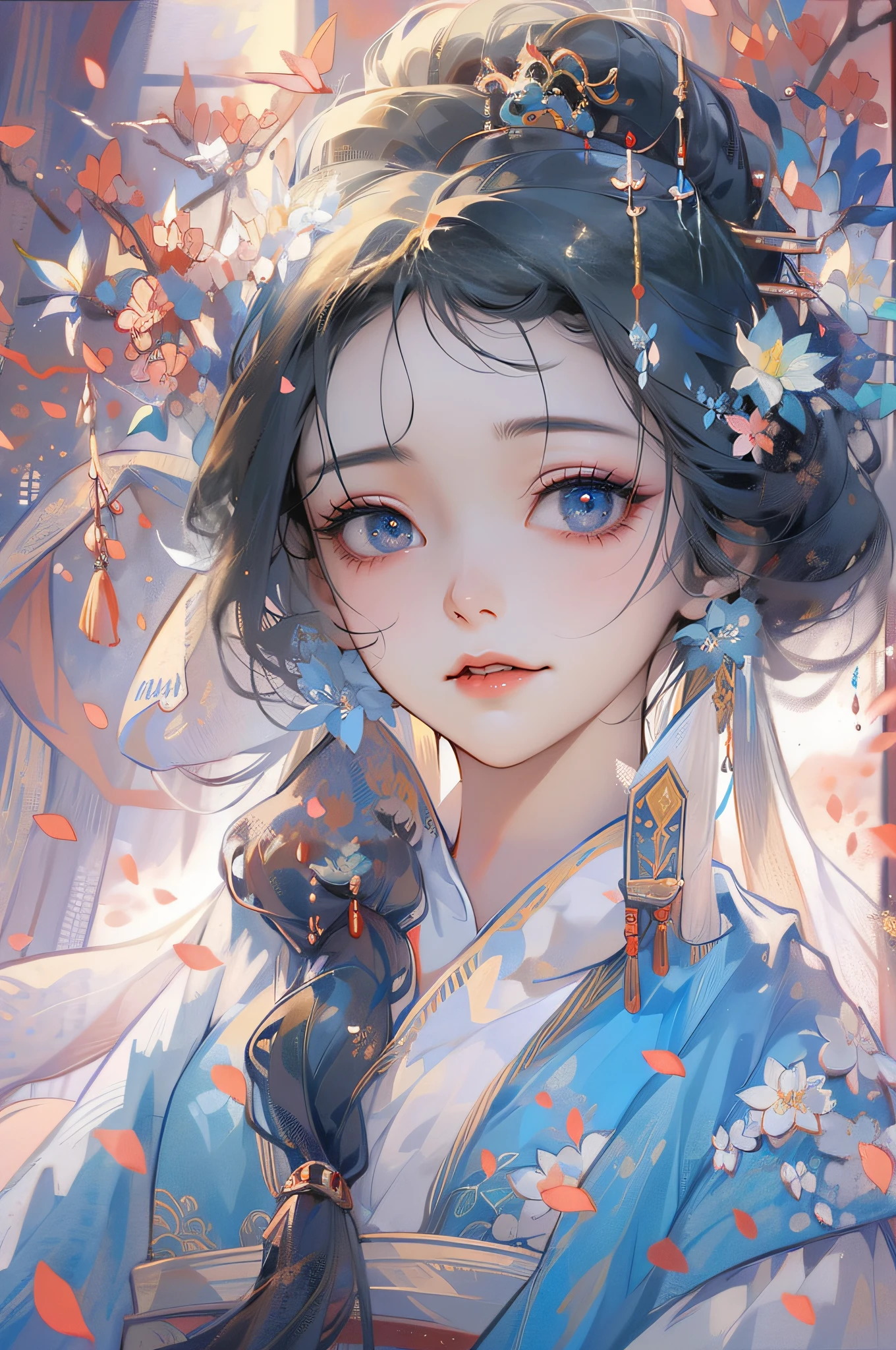 Mature girl ，Blue long hair，Floating hair，Delicate and agile eyes，Blue pupils，Solid color Hanfu，fov，tmasterpiece，Complexscenes，Petals flying，Frontal portrait shot，Moon，grieves，ultraclear，high qulity，Chinese hair，Ancient hair，full bodyesbian，Han style long skirt，Shawl，The forehead is not groomed，Less hair accessories