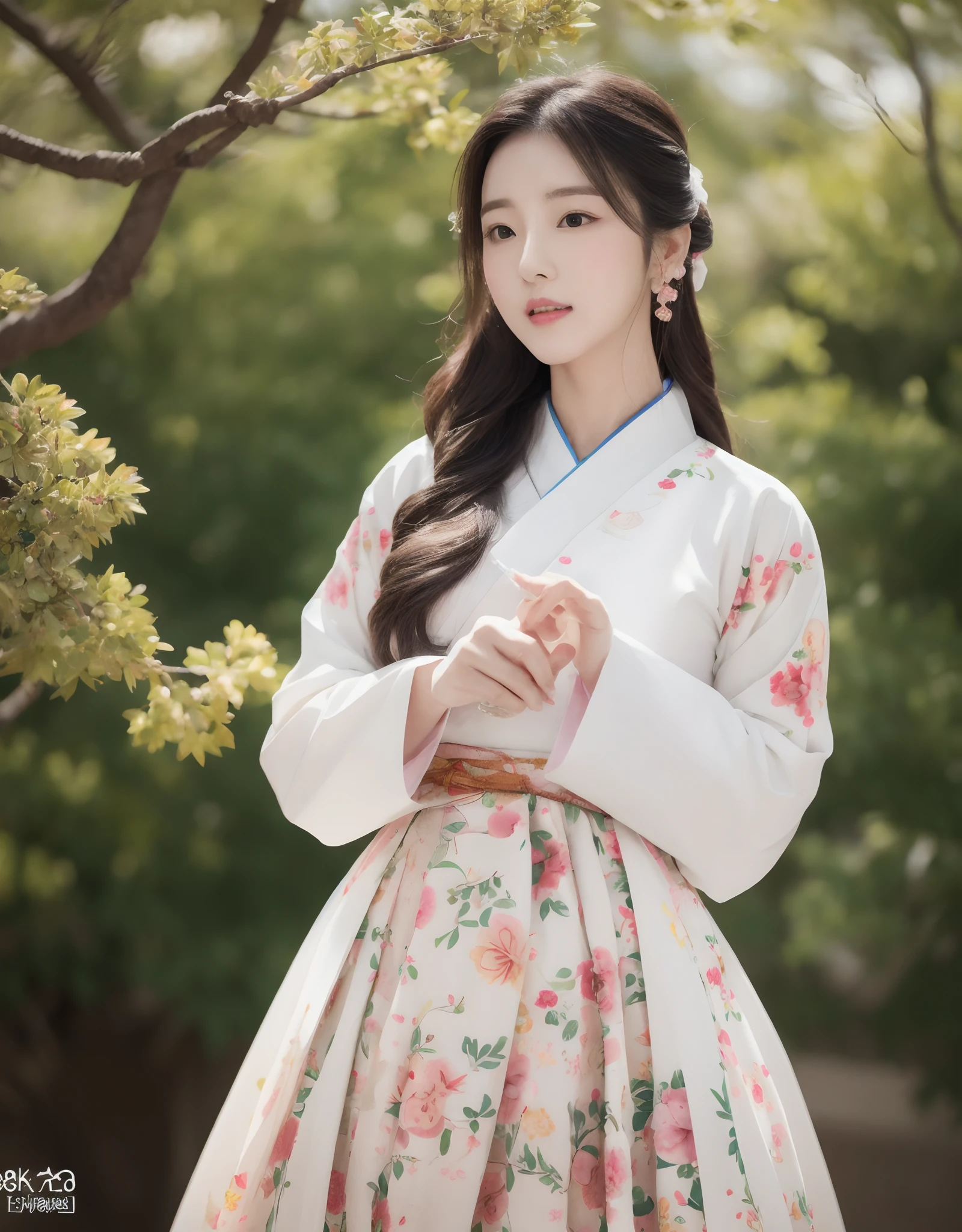 Beautiful Korean woman busting up in hanbok, pale skin, lush lips, Floral ornament in hair. (8K, Best Quality : 1.2), (masutepiece, Photorealistic : 1.3), Super Detail, Anatomically correct