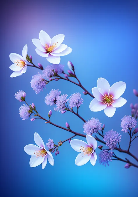 close-up of a bouquet of flowers on a branch，paul barson，blue flowers，beautiful digital artworks，beautiful digital art，flowers a...