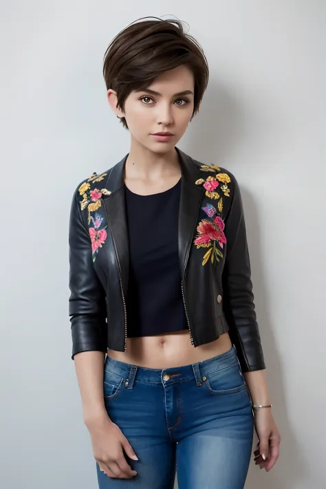 Masterpiece, High quality,1girll,Solo,Middle breast , Short hair, (hair between eye),(00BFFE Pixie cut),Disappointed face,(Embro...