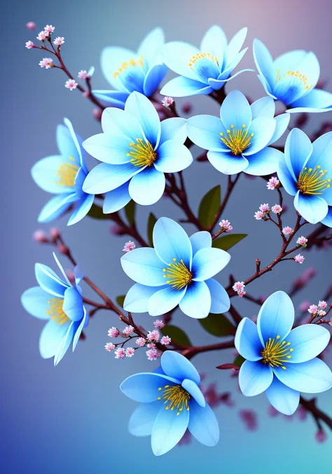 close-up of a bouquet of flowers on a branch，paul barson，light blue petals，blossoms，beautiful digital artworks，beautiful digital...