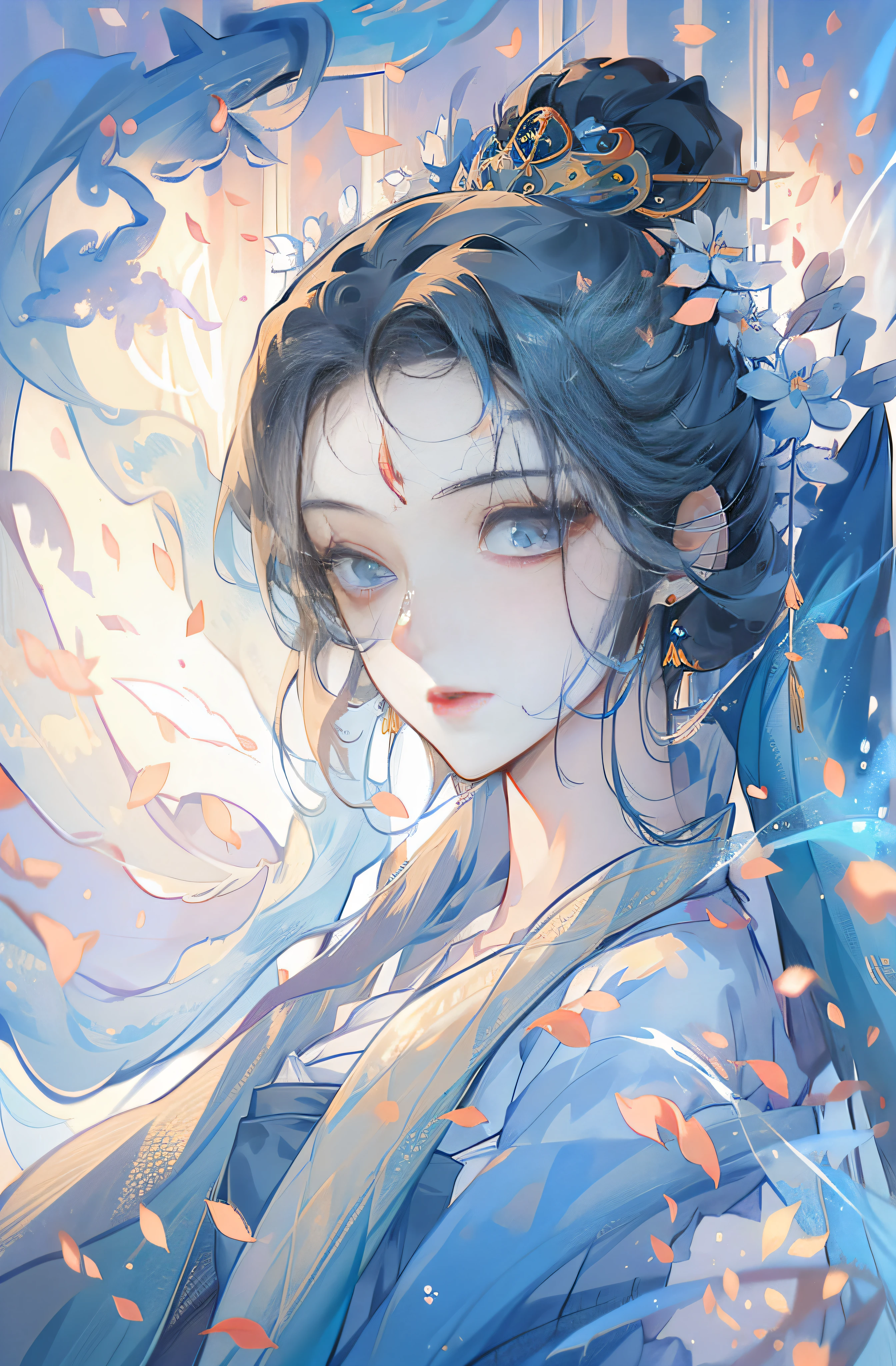 Mature girl ，Blue long hair，Floating hair，Delicate and agile eyes，Blue pupils，Solid color Hanfu，fov，tmasterpiece，Complexscenes，Petals flying，Frontal portrait shot，Moon，grieves，ultraclear，high qulity，Chinese hair，Ancient hair，full bodyesbian，Han style long skirt，Shawl，No face lines