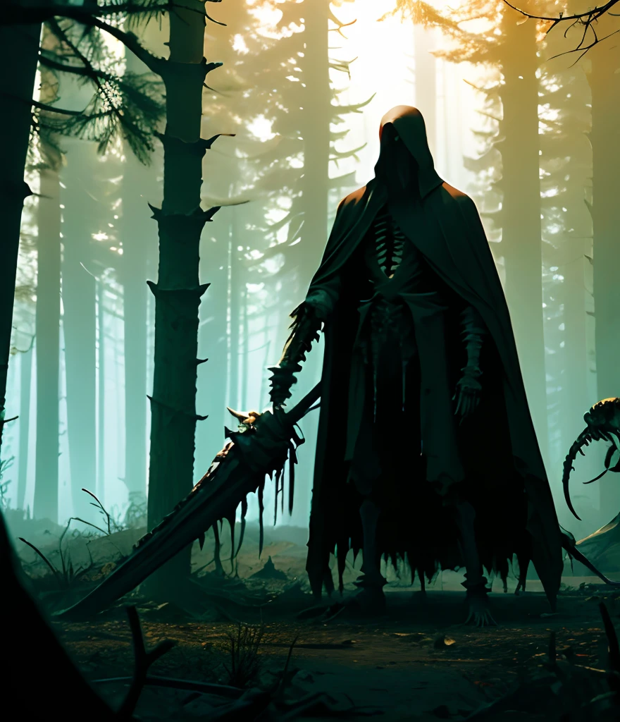 Dark black horror long skeleton, big tall bones holding a big longsword with blood dripping, in a dark forest and a big fog, horror, fantasy