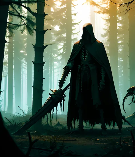 Dark black horror long skeleton, big tall bones holding a big longsword with blood dripping, in a dark forest and a big fog, horror, fantasy