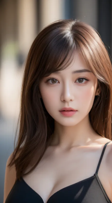 ((Best quality, 8k, Masterpiece :1.3)), Sharp focus :1.2, A pretty woman with perfect figure :1.4, Slender abs :1.2, ((Dark brown hair, Big breasts :1.2)), (Natural light, City street:1.1), Highly detailed face and skin texture, Detailed eyes, Double eyeli...