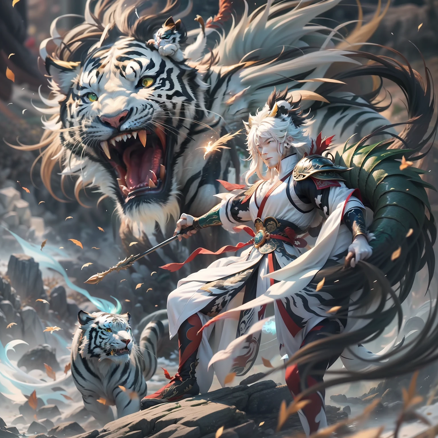 Anime girl with tiger and tiger on her back - SeaArt AI