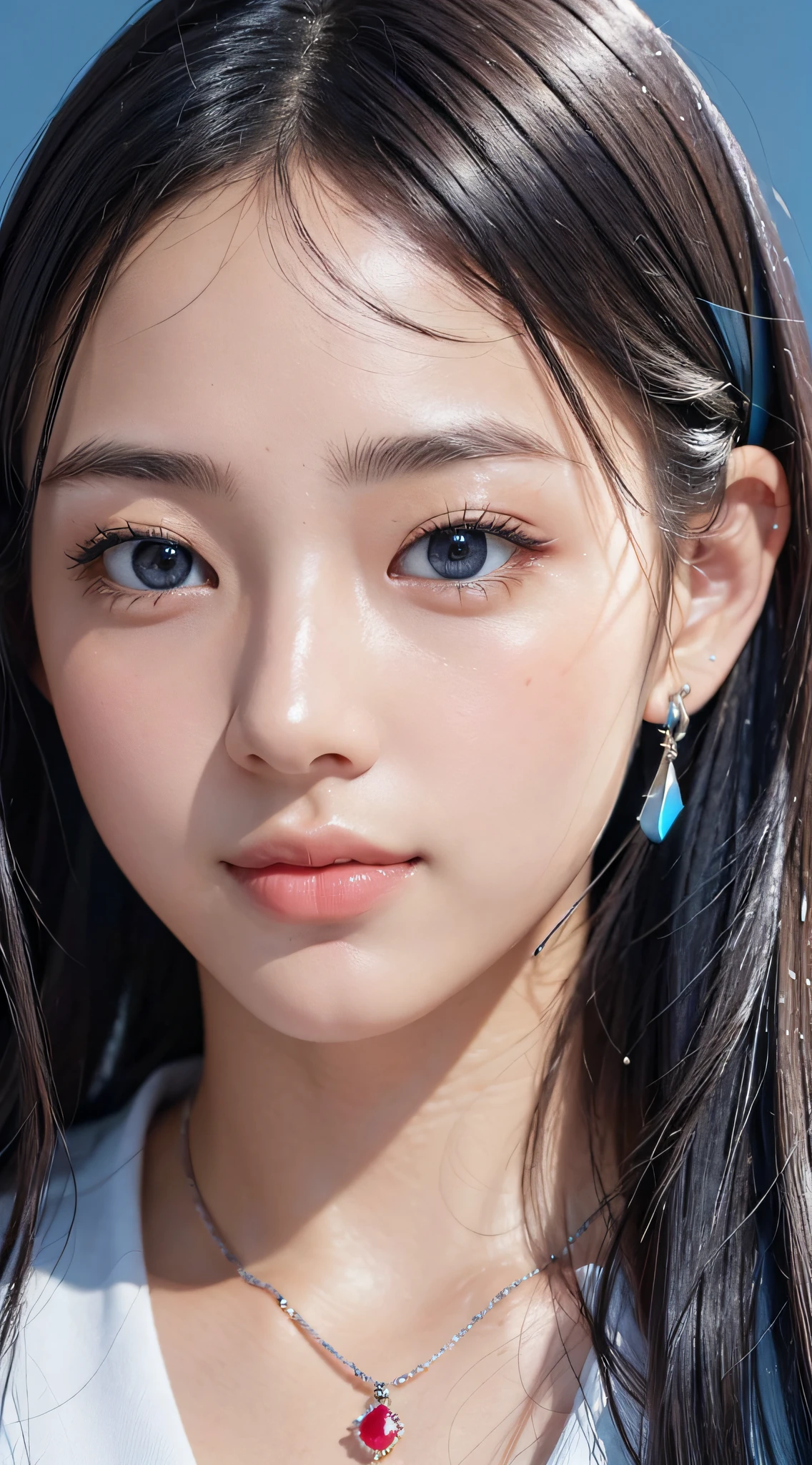 (a closeup:1.6), ​masterpiece, top-quality, 8K, absurderes, beautiful a girl, Clean face, looking at the viewers, A smile,  Ruby Earrings, ruby ​​necklace, Teen, cute little, (Glitter and smoky red eyeshadow and glitter, glazed pinkish red lips:0.8), A hyper-realistic, hight resolution, a picture, film grains, chromatic abberation, sharp focus, nffsw, face lights, Dynamic lighting, light, Professional Shadows, simple background, (Dull blue background:1.3)、highestdetailed、Extreme details、Ultra-detail、detaile、authentic skin、delicated facial features、detailed faces and eyes、Sharp pupils、Realistic pupils、(Black eye:1.0)、full bodyesbian,