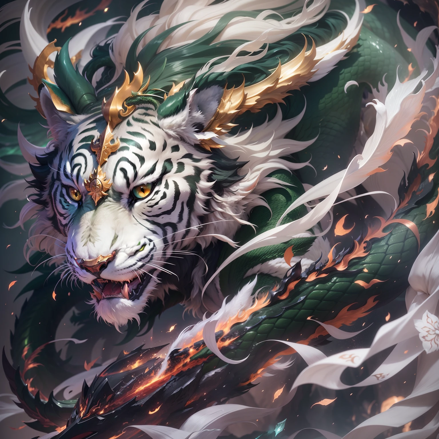 Anime tiger with a dragon head and a sword in its mouth - SeaArt AI