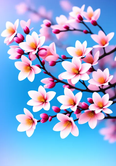 close-up of a bouquet of flowers on a branch，paul barson，simple background in warm colors，light blue petals，blossoms，beautiful d...