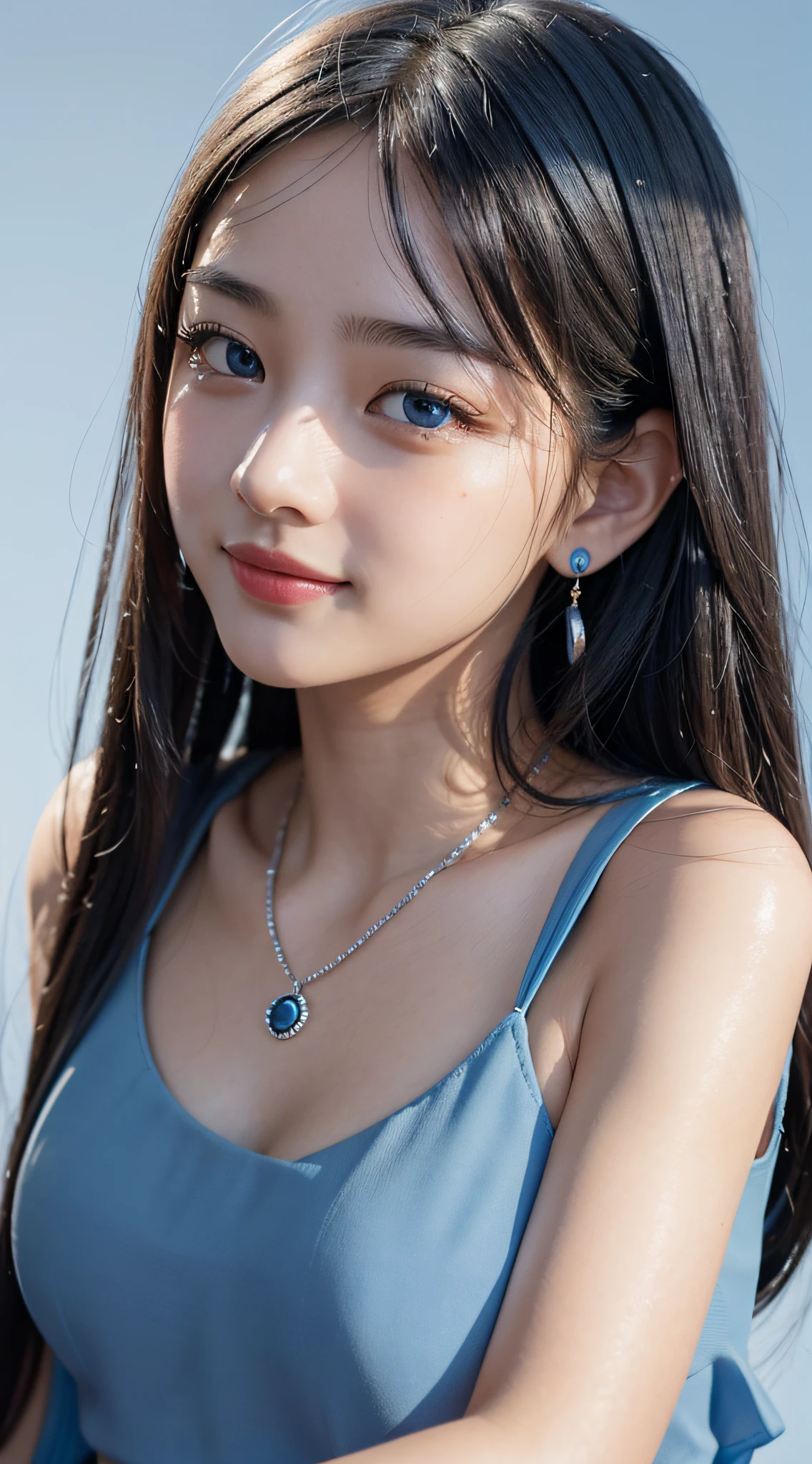 4K,(a closeup:1.6), ​masterpiece, top-quality, 8K, absurderes, beautiful a girl, Clean face, looking at the viewers, A smile, (Blue dress:1.7), Ruby Earrings, ruby ​​necklace, Teen, cute little, (Glitter and smoky red eyeshadow and glitter, glazed pinkish red lips:0.8), A hyper-realistic, hight resolution, a picture, film grains, chromatic abberation, sharp focus, nffsw, face lights, Dynamic lighting, light, Professional Shadows, simple background, (Dull blue background:1.3)、highestdetailed、Extreme details、Ultra-detail、detaile、authentic skin、delicated facial features、detailed faces and eyes、Sharp pupils、Realistic pupils、(Black eye:1.0),full body Esbian、waistline、Slim type、