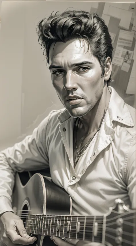 [em uma folha de papel branco, a realistic portrait of elvis presley playing guitar is drawn with graphite pencils. he's in prof...