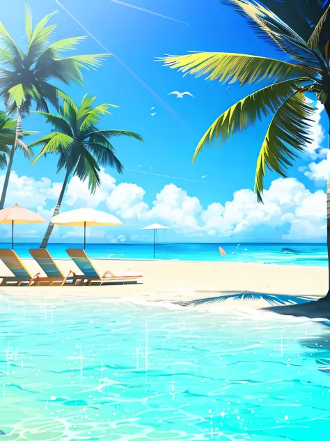 The beach has a swimming pool、Deckchairs and umbrellas。, Relaxing concept art, dreamy scenes, Summer time, dreamlike illustration, trending on cgstation, relaxing on the beach, beach aesthetic, beautiful magical palm beach, Cool background, amazing backgro...