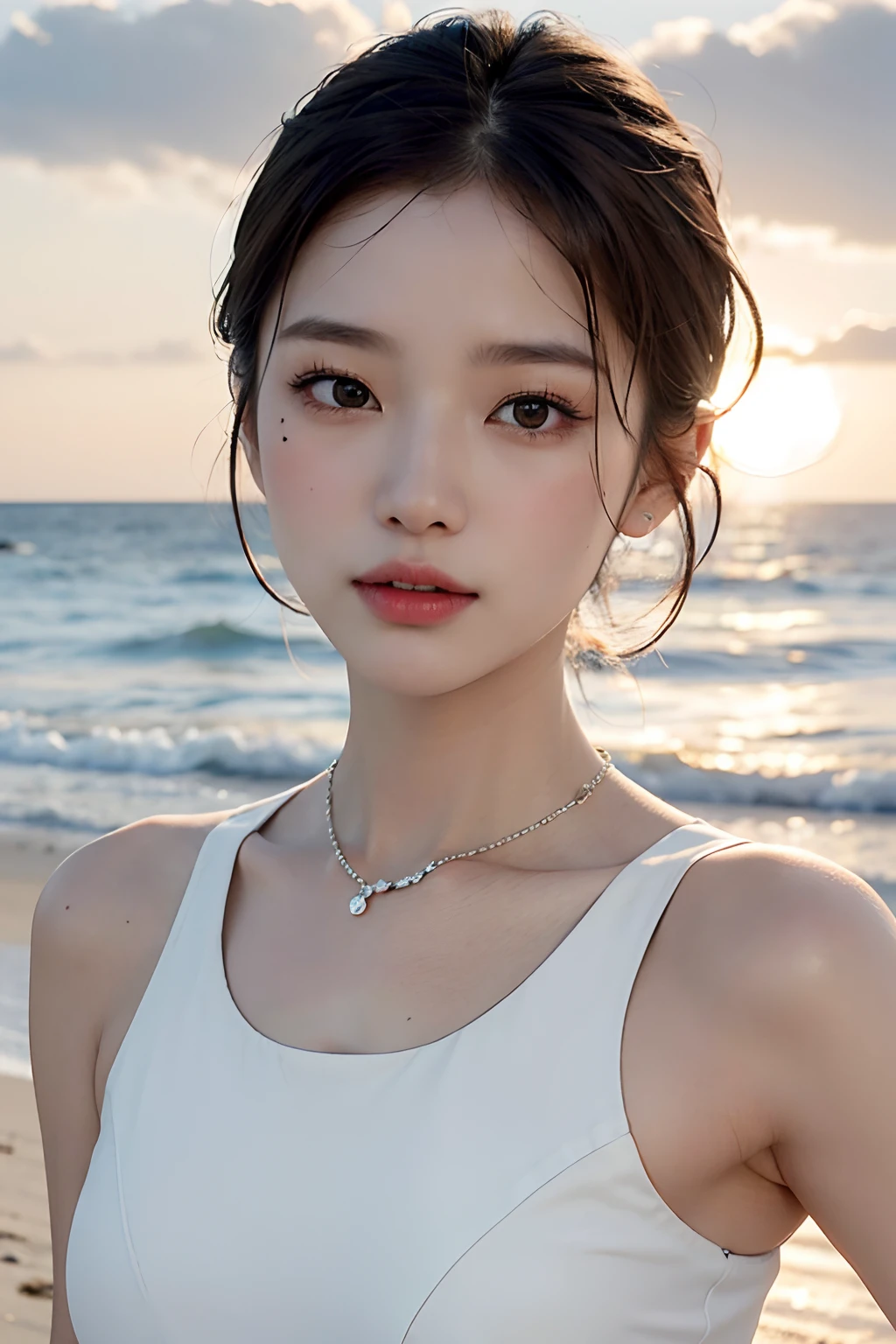 hightquality、​masterpiece、超A high resolution、((Asian beauty face))、Beautiful adult woman、a closeup、Thin makeup、ssmile、Light brown short-cut hair、Small necklace、White sleeveless shirt、Cloudy seaside、Rough seas、cloudiness、strong breeze、black clouds、