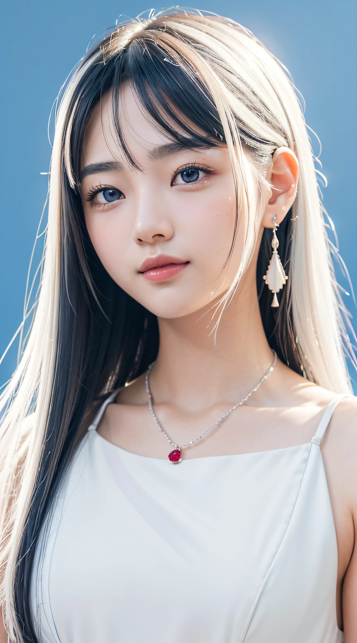 4K、 ​masterpiece, top-quality, 8K, absurderes, beautiful a girl, Clean face, looking at the viewers, A smile, (Dresses of whitish color,:1.7), Ruby Earrings, ruby ​​necklace, Teen, cute little, (Glitter and smoky red eyeshadow and glitter, glazed pinkish red lips:0.8), A hyper-realistic, hight resolution, a picture, film grains, chromatic abberation, foco nítido, nffsw, face lights, Dynamic lighting, 电影灯光, Professional Shadows, simple background, (Dull blue background:1.3)、highestdetailed、Extreme details、ultra-detailliert、detaile、authentic skin、delicated facial features、detailed faces and eyes、Sharp pupils、Realistic pupils、(Black eye:1.0),full body Esbian、waistline、Slim type、