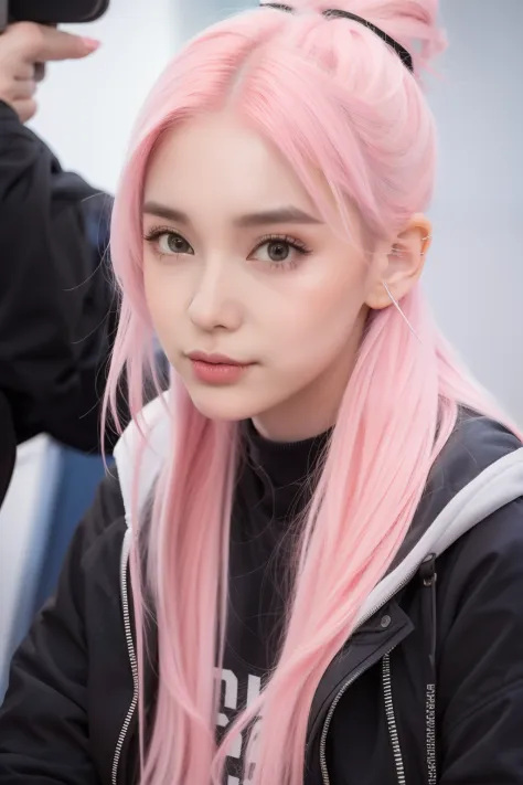 Girl with pink hair， looks into camera，high qulity