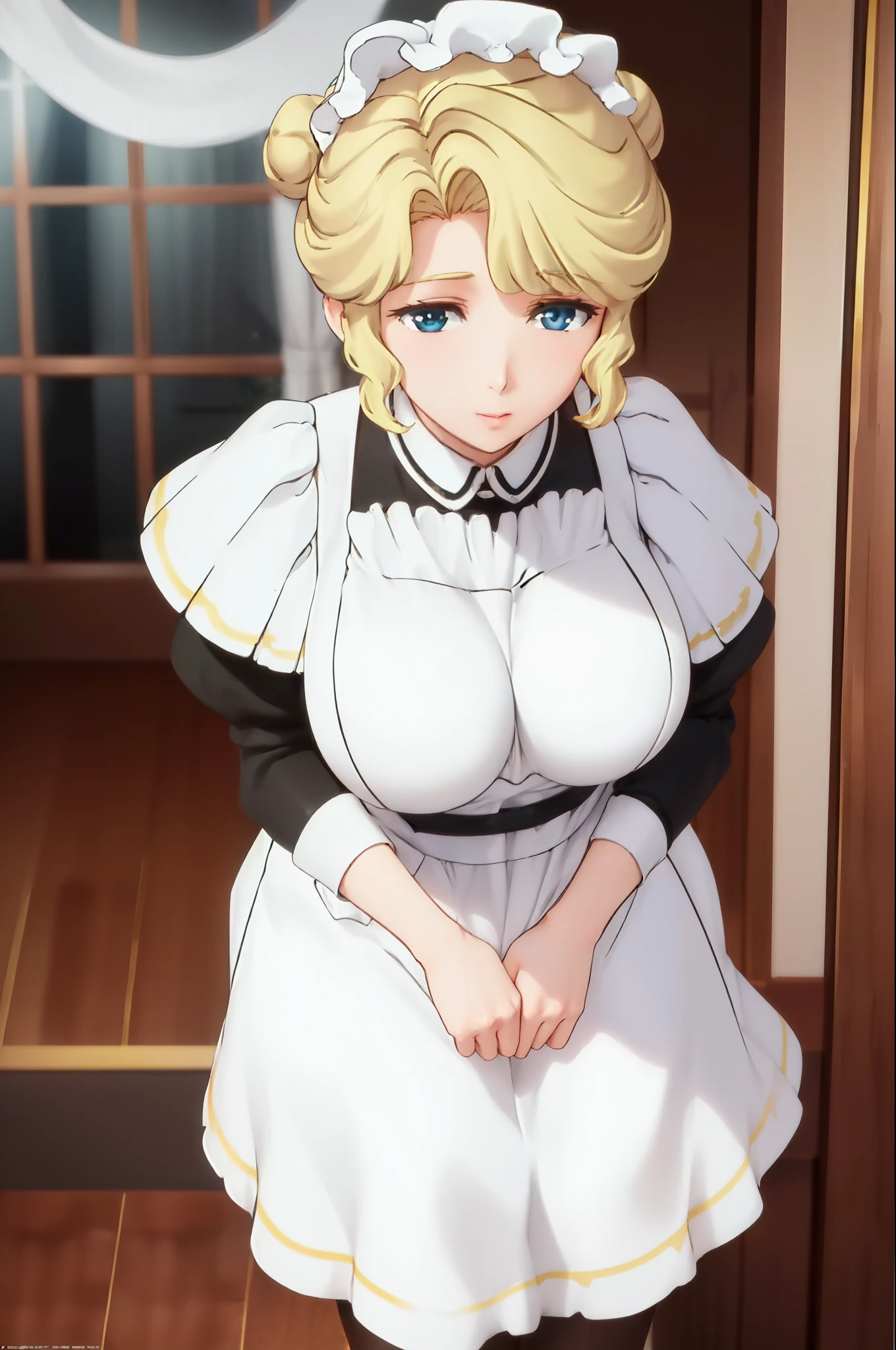 (Night:1.7), Japan, Tokyo, CityView, Before Window,
Standing at attention,
a white and yellow dress on her shoulders,
(Black_pantyhose), maid_apron, maid_headdress, maid_LONG_Skirt, gloves, 
blonde hair, short hair, hair bun, 
1 girl, 24yo,mature female,Beautiful Finger,Beautiful long legs,Beautiful body,Beautiful Nose,Beautiful character design, perfect eyes, perfect face,
looking at viewer, in the center of the image,
NSFW,official art,extremely detailed CG unity 8k wallpaper, perfect lighting,Colorful, Bright_Front_face_Lighting,
(masterpiece:1.0),(best_quality:1.0), ultra high res,4K,ultra-detailed,
photography, 8K, HDR, highres, absurdres:1.2, Kodak portra 400, film grain, blurry background, bokeh:1.2, lens flare, (vibrant_color:1.2)
(Beautiful,large_Breasts:1.4), (beautiful_face:1.5),(narrow_waist),