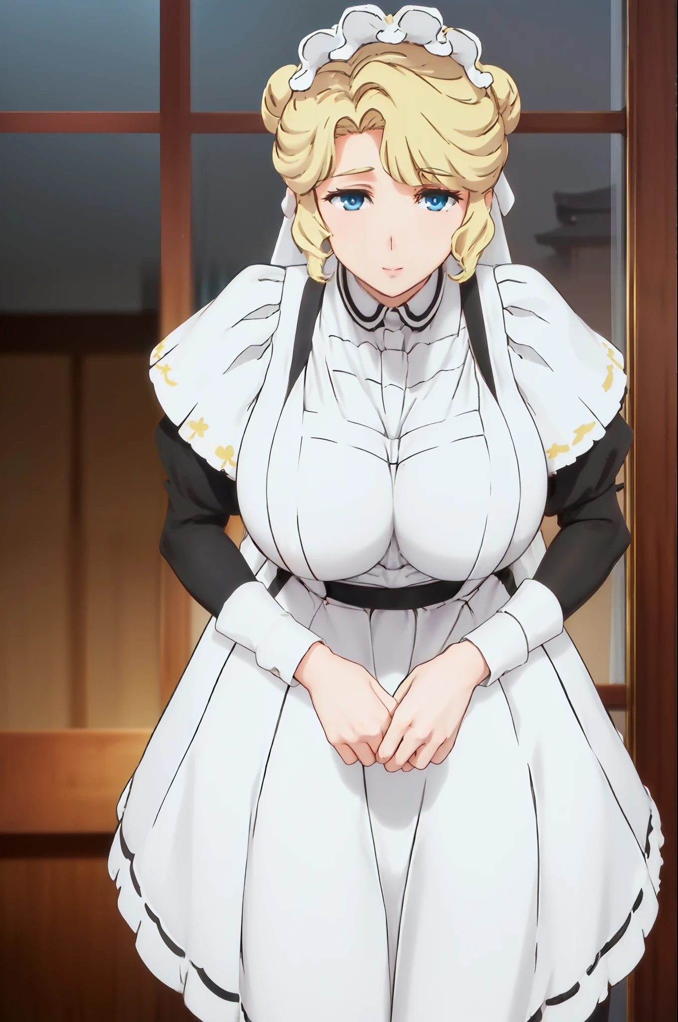 (Night:1.7), Japan, Tokyo, CityView, Before Window,
Standing at attention,
a white and yellow dress on her shoulders,
(Black_pantyhose), maid_apron, maid_headdress, maid_LONG_Skirt, gloves, 
blonde hair, short hair, hair bun, 
1 girl, 24yo,mature female,Beautiful Finger,Beautiful long legs,Beautiful body,Beautiful Nose,Beautiful character design, perfect eyes, perfect face,
looking at viewer, in the center of the image,
NSFW,official art,extremely detailed CG unity 8k wallpaper, perfect lighting,Colorful, Bright_Front_face_Lighting,
(masterpiece:1.0),(best_quality:1.0), ultra high res,4K,ultra-detailed,
photography, 8K, HDR, highres, absurdres:1.2, Kodak portra 400, film grain, blurry background, bokeh:1.2, lens flare, (vibrant_color:1.2)
(Beautiful,large_Breasts:1.4), (beautiful_face:1.5),(narrow_waist),