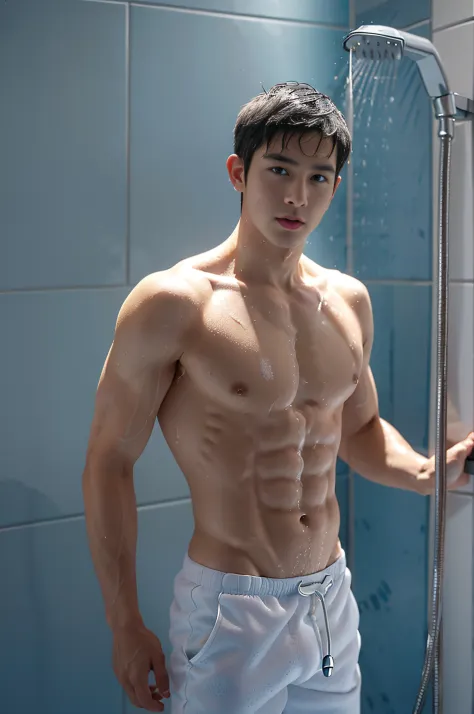 ((Man in the shower, Bubble bath, foamy)), Male, Tik, ,swim trunks，musculature，short detailed hair。frontage