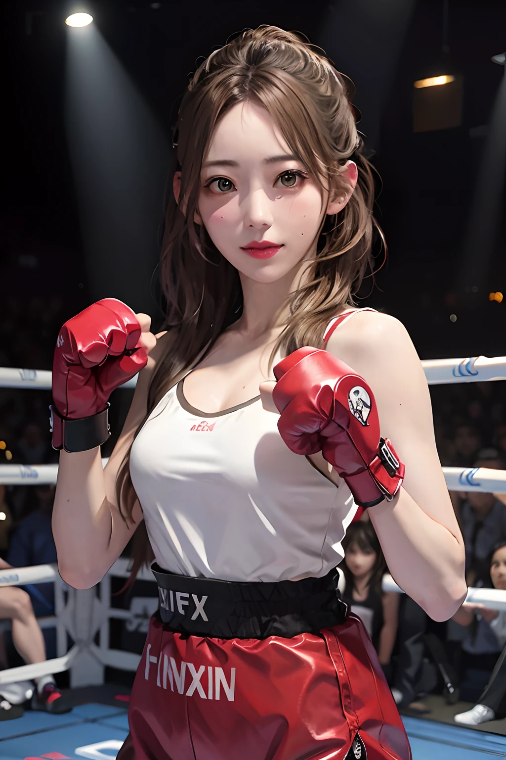 a sserafimsakura, hyper realistic, lifelike texture, dramatic lighting, Nikon RAW photo, 8k, Fujifilm XT3,masterpiece, best quality, realistic, (photorealistic:1.4), ultra detailed, extremely detailed face, solo,1girl, standing, (boxing gloves:1), (boxing ring),  (smile:1),