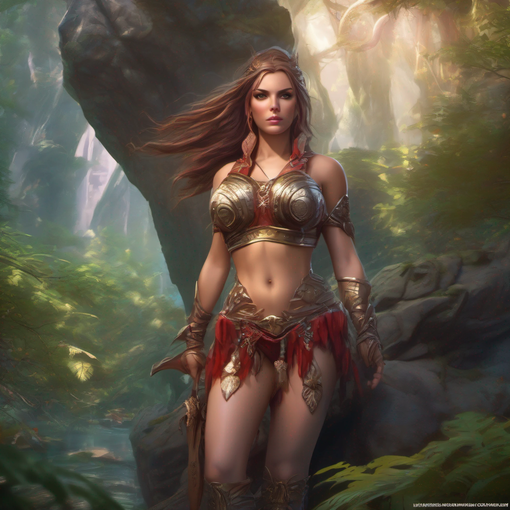 A woman in a bikini and armor standing in front of a rock - SeaArt AI