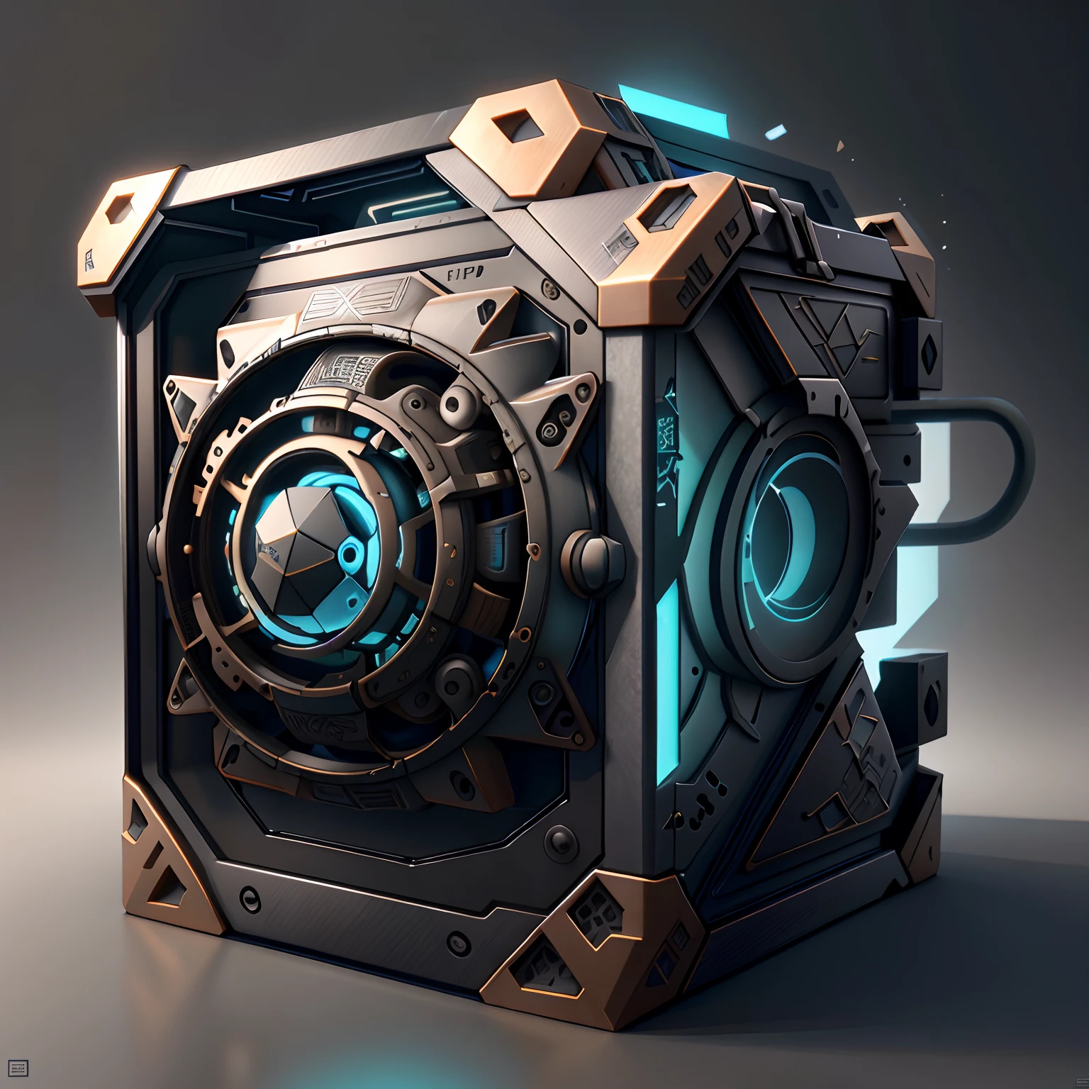 make， （ultra-detailliert），Mechanical punk，Polygon box，hard surface model，Details of surface machinery，PBR game project，Gray metallic matte texture，Music box turned on，Realistic objects，with black background，simplebackground，